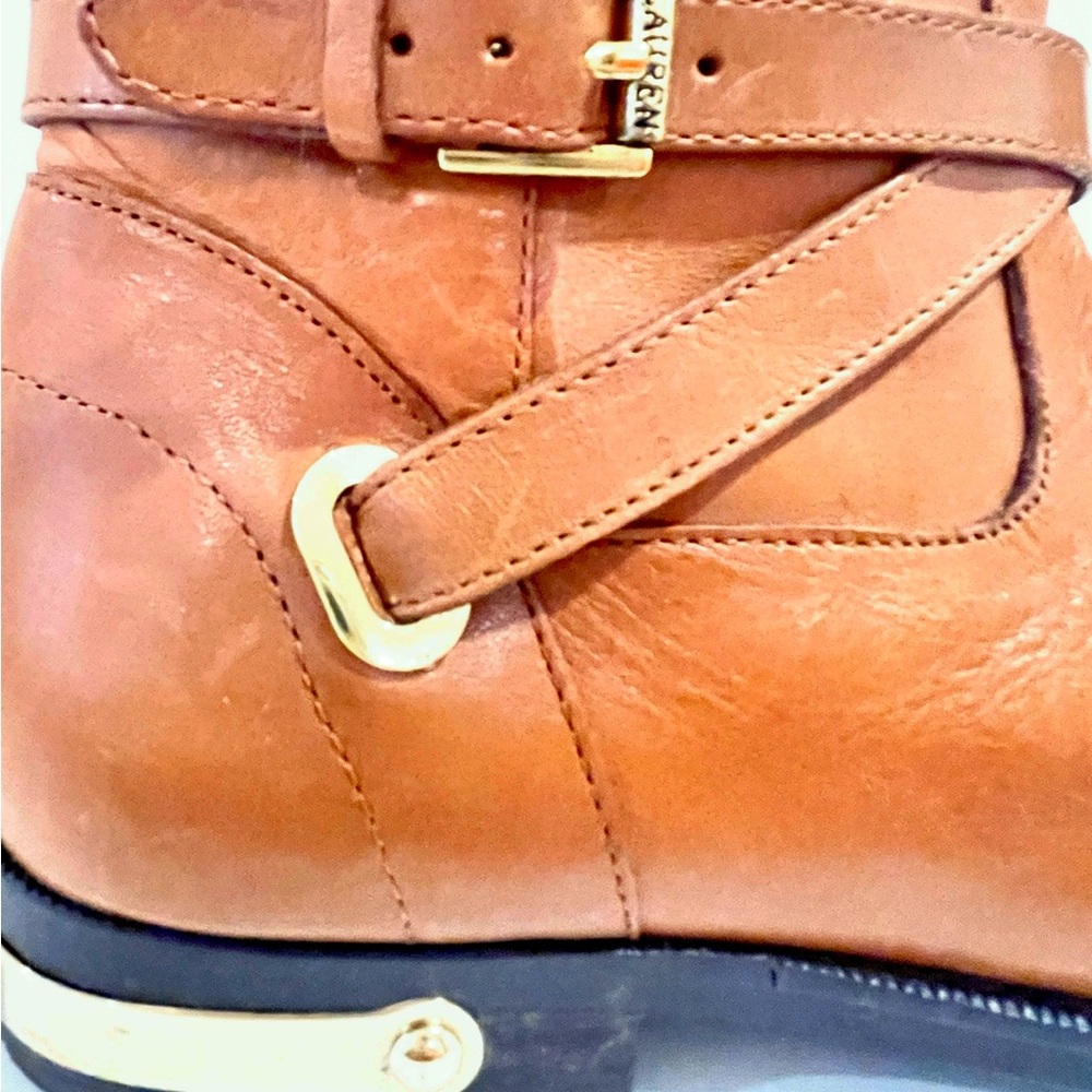 Ralph Lauren Tan Leather Knee-High Riding Boots w Gold Metal Details - Picture 9 of 15